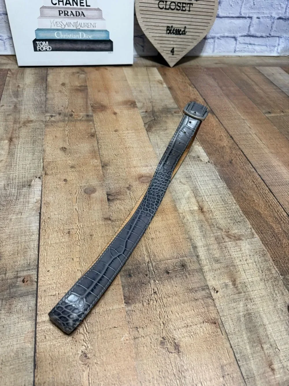 Roger Ximenez Gray Mock Croc Embossed Calf Leather Belt Luxury Gator Has Flaws*